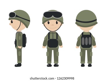 Cartoon soldier mascot set of objects in flat style. Soldiers character collection. Isolated on white background. Vector illustration