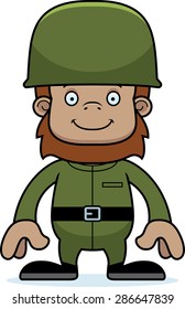 A cartoon soldier sasquatch smiling.