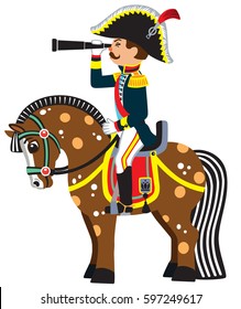 cartoon soldier sitting on a horseback and looking through the binoculars . Side view vector illustration for little kids 