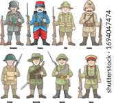 Cartoon soldiers of countries participating in the First World War, set of vector images
