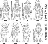 Cartoon soldiers of countries participating in the First World War, set of vector images
