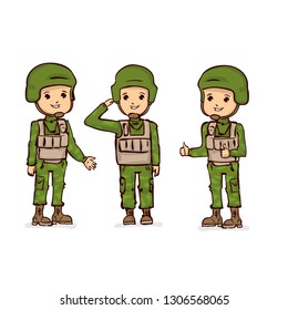Cartoon soldiers set . Kawaii soldier.