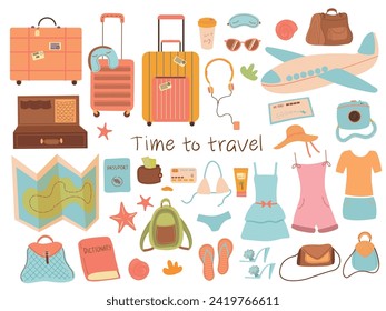 Juego de viajes de Cartoon Solo. Colección de viajes, cámara y mapa, accesorios necesarios en viaje. Equipaje, sombrero, mochila, documentos, dinero. Objetos turísticos agrupan, maletas, bolsas, bikini, mapa. Vector plano