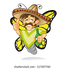 Cartoon sombrero drunken butterfly who was drunk and thumbs-up sign with a smile and holding a bottle of liquor