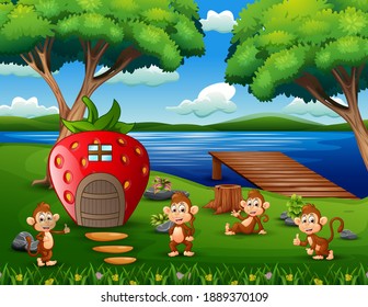 Cartoon some monkeys playing in the strawberry house