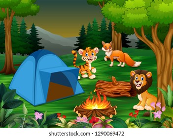 Cartoon of some wild animals near the blue tent