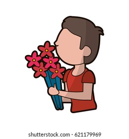 cartoon son boy with flowers bunch