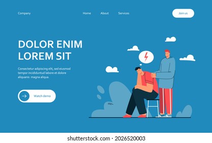 Cartoon son and overstressed father flat vector illustration. Young boy worrying about sad and tired man, sitting on chair. Family, trouble, stress, crisis concept for banner design or landing page