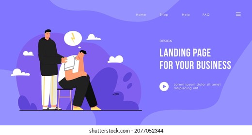 Cartoon son and overstressed father flat vector illustration. Young boy worrying about sad and tired man, sitting on chair. Family, trouble, stress, crisis concept for banner design or landing page