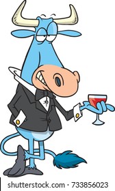 cartoon sophisticated bull standing wearing a tuxedo and holding a wine glass