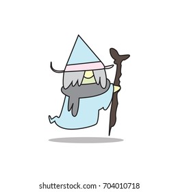 cartoon sorcerer, wizard is holding the magic wand