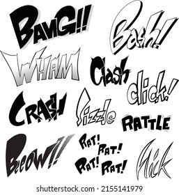 Cartoon Sound Effects, Onomatopoeia, Shock Sounds, Monochrome