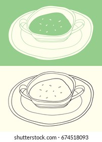 Cartoon soup bowl line art. Food illustration. Hand drawn first course menu. Naive kitchen vector element for recipe