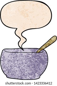 cartoon soup bowl with speech bubble in retro texture style