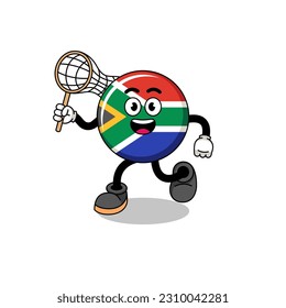 Cartoon of south africa flag catching a butterfly , character design