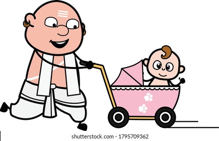 Cartoon South Indian Pandit with baby stroller Character Design Illustration