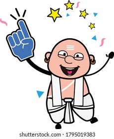 Cartoon South Indian Pandit holding Foam Glove Character Design Illustration