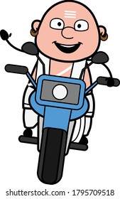 Cartoon South Indian Pandit Riding Motorbike Character Design Illustration