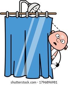 Cartoon South Indian Pandit taking shower Character Design Illustration
