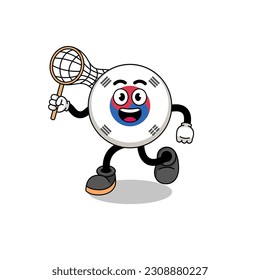 Cartoon of south korea flag catching a butterfly , character design
