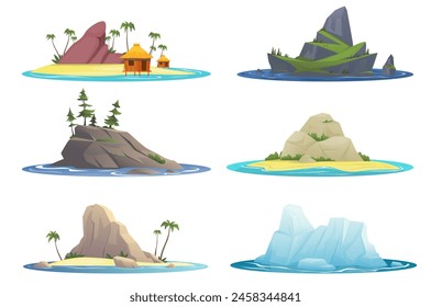 Cartoon southern and northern islands. Cold and warm currents and different types of natural elements. Polar iceberg. Tropical ocean sand beach. Sea coasts. Nature