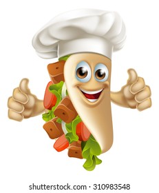 A cartoon souvlaki kebab chef character mascot man