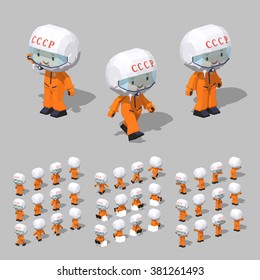 Cartoon soviet cosmonaut minifigure. 3D lowpoly isometric vector illustration. The set of objects isolated against the grey background and shown from different sides