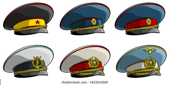 Cartoon soviet military officer peaked cap with red star, anchor and wings on cockade. Isolated on white background. Vector icon set.