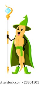 Cartoon soy bean pod mage character. Isolated vector funny Halloween legume veg, blithe wizard with magic staff ready to cast sorcery spell. Comic Hallowmas joyous vegetable personage in green cape