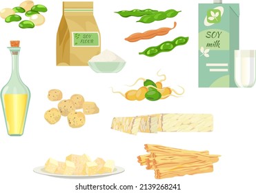 Cartoon soy food, beans, oil, milk, sauce and tofu. Healthy green sprouts, pods, soy meat, flour and tempeh. Vegan soya products vector set. Asian organic ingredient for dieting and drink