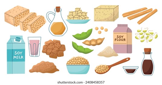 Cartoon soy food. natural plants products, beans, tofu and milk, vegetarian cuisine, diet ingredients, meat protein alternative, vector set.eps
