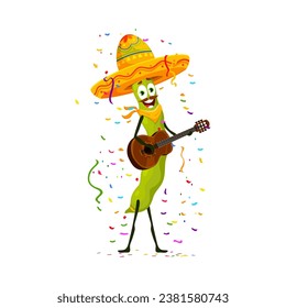 Cartoon soy legume bean character on holiday and birthday. Isolated vector lively green pod personage wear mariachi hat, strumming a guitar, brings musical joy to a party celebration in latin style