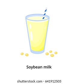 Cartoon soy milk in glass with straw and group of beans isolated on white background.