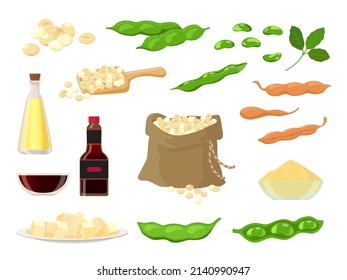 Cartoon soy product, oil, milk, miso, tofu and sauce. Dry soya beans in bag, spoon, pods and leaf. Healthy vegetarian legume food vector set. Asian ingredient for vegan products isolated on white