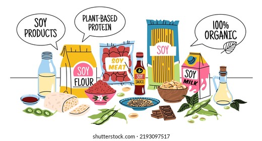 Zusammensetzung von Sojabohnenerzeugnissen aus Cartoon. Alternative veganische Pflanzenproteine, Bohnen und Bio-Zutaten auf Tisch, Milch, Tofu und Sauce, gesunde natürliche Ernährung, aufgeräumter, Vektorisolierter Begriff