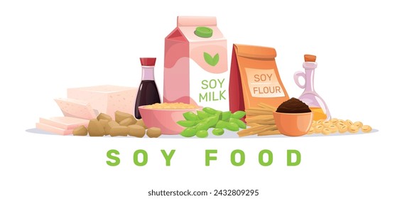 Composición de productos de soja de dibujos animados. Comida de soja. Fuente orgánica natural de proteína. Productos de cocina vegetariana. Legumbres, harina y leche. Nutrición saludable. Aceite de semilla