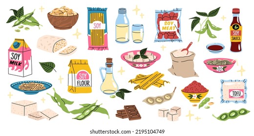 Cartoon soy products. Vegan protein organic food set, white beans ingredients, tofu and sauce, milk and oil, legumes raw elements, healthy natural diet, tidy vector cartoon flat set