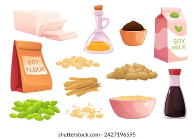 Cartoon soy products. Vegetable protein from legumes. Tofu cheese. Plant butter. Seed flour and sauce. Vegetarian meat substitutes. Miso and soymilk. Beans oil. Vector