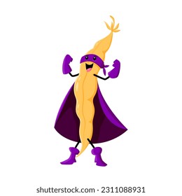Cartoon soya bean and legume superhero character. Legume strong defender, isolated healthy food cute warrior or superhero comical vector personage. Soya beam hero cheerful character or mascot