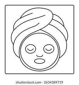 Cartoon Spa Face with Facial Mask and Towel Wrap – Fun Black and White Coloring Page for Girls and Kids