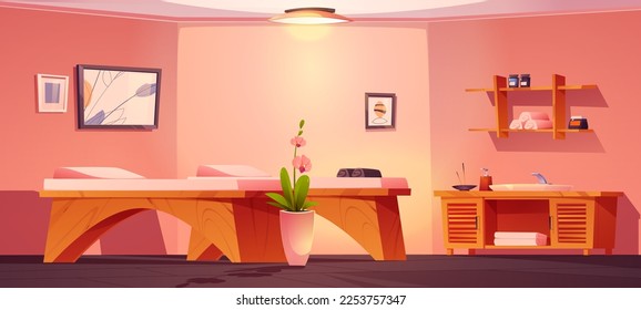 Cartoon spa diseño interior con mobiliario. Dibujo vectorial de la habitación vacía con mesa de masaje, toallas, cosméticos, bastones de aroma en estanterías, flor de orquídea floreciente en la olla. Salón de belleza