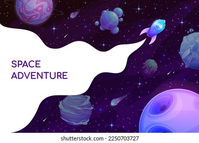 Cartoon space adventure poster. Rocket spaceship in galaxy. Vector design with shuttle explore galaxy with stars, planets, comets. Interstellar expedition in outer space, alien colonization mission