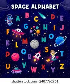 Cartoon space alphabet on starry galaxy landscape vector background. English alphabet letters with kid astronaut and alien characters, rocket, UFO, planets, comets and stars. Kids education abc poster