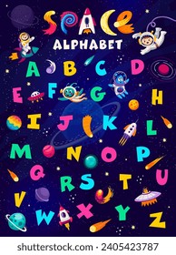 Cartoon space alphabet vector poster. Kid astronauts and aliens characters, galaxy planets, rocket, UFO and spaceship, english abc letters on space sky background. Astronomy science kids education