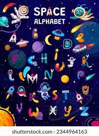 Cartoon space alphabet, vector set of fun and playful letters with colorful astronaut and alien characters, rockets, ufo and planets in sky. Typo for educational purposes and cosmic learning adventure