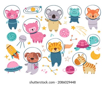 Cartoon space animals. Animal astronauts, spaceship and stars. Universe travel, kids funny friends. Childish adventures in cosmos neoteric vector set