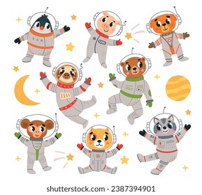 Cartoon space animals astronaut. Funny little astronauts in suits. Universe research characters, animal travel and adventures, classy vector set