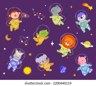 Cartoon space animals astronaut suits flying with stars and planet. Cute lion, monkey and koala. Funny cartoon nowaday children animal vector set