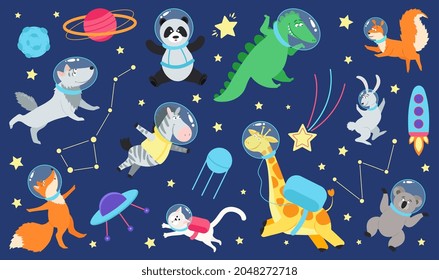 Cartoon space animals. Cute astronaut animal in costume, universe travel on spaceship. Kids stickers, children dream cosmos adventures decent vector set