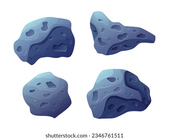 Cartoon space asteroid. Vector set of isolated stones with bumps, a flying meteorite.